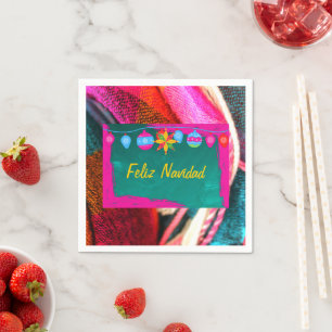 Feliz Navidad Fiesta On Pink & Green Sarape Napkin