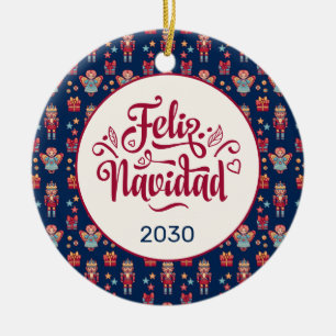 Feliz Navidad Folk Angel Nutcracker Blue Custom Ceramic Ornament