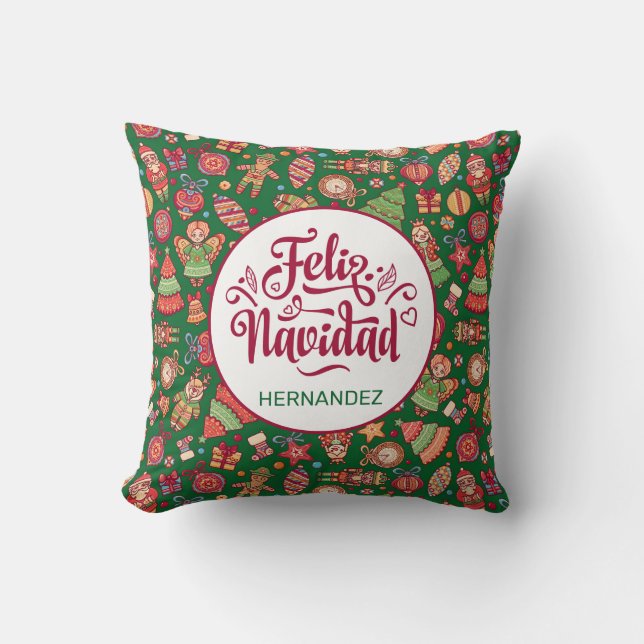 Feliz Navidad Folk Art Green Personalized Throw Pillow (Front)