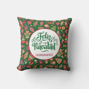 Feliz Navidad Folk Art Green Personalized Throw Pillow