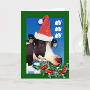 Feliz Navidad Funny Cow Eating Boughs of Holly  Holiday Card