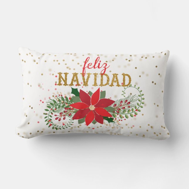 Feliz Navidad Gold Glitter Poinsettia Lumbar Pillow (Front)