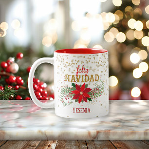 Feliz Navidad Gold Glitter Poinsettia Two-Tone Coffee Mug