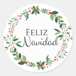 Feliz Navidad Green and Red Wreath Round Sticker