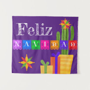 Feliz Navidad Green Cactus On Purple Tapestry