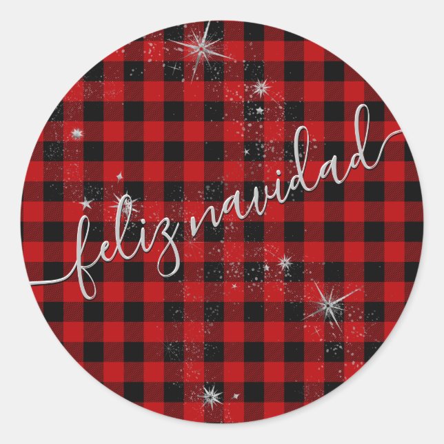 Feliz Navidad Guión Plateado Moderno y Tartán Rojo Classic Round Sticker (Front)