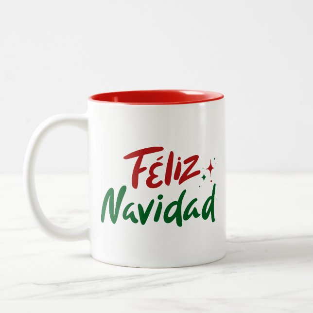 Feliz Navidad Hand Lettered  Two-Tone Coffee Mug (Left)