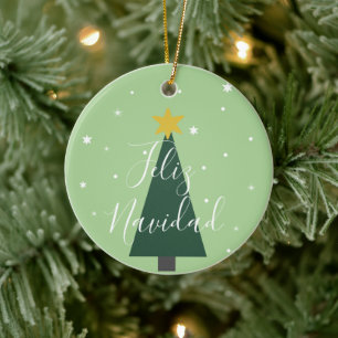 Feliz Navidad holiday green tree snow and stars    Ceramic Ornament