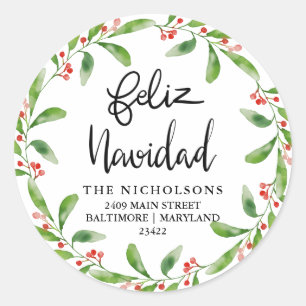 Feliz Navidad Holly Wreath   Return Address Classic Round Sticker
