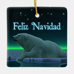 Feliz Navidad - Ice Edge Polar Bear Ceramic Ornament