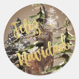 Feliz Navidad Kraft Paper Winter Woodland Stag Classic Round Sticker