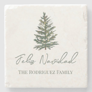 Feliz Navidad-Merry Christmas Tree and Lights  Stone Coaster