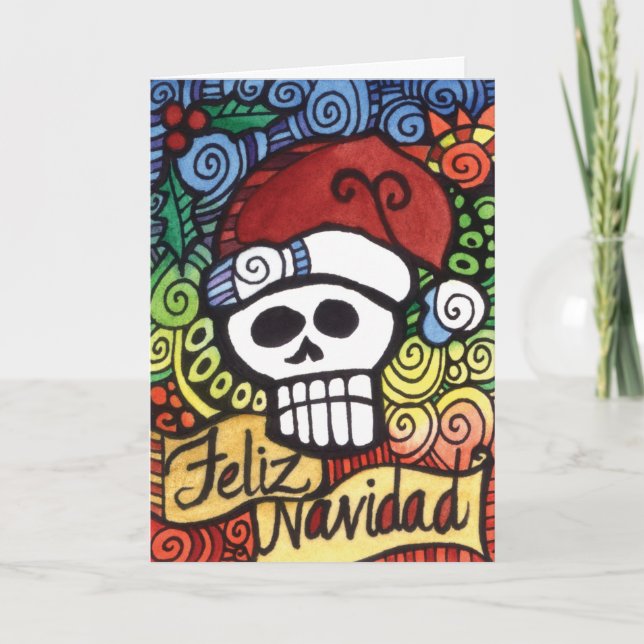 Feliz Navidad Mexican Sugar Skull Santa Holiday Card (Front)