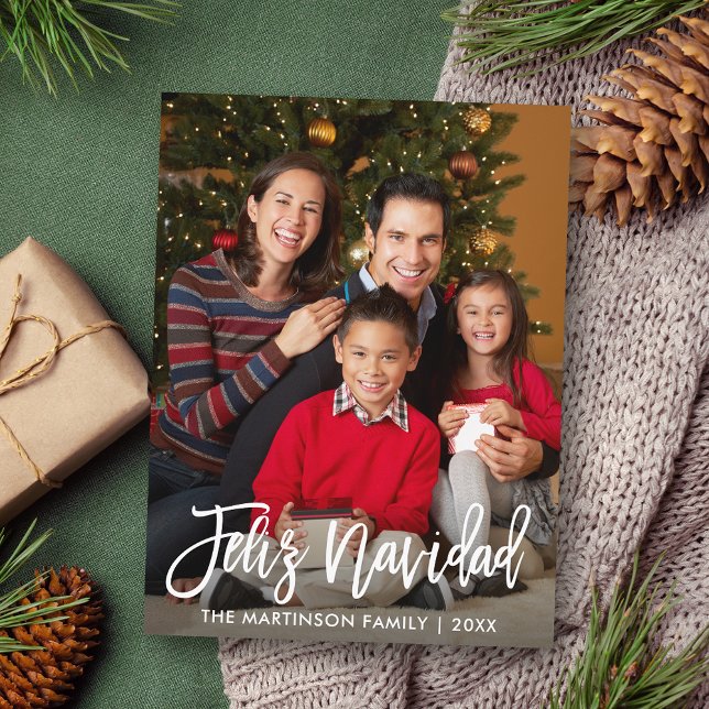 Feliz Navidad Modern Brush Script Family Photo Postcard (Customize to change your personalized text size or text style.)