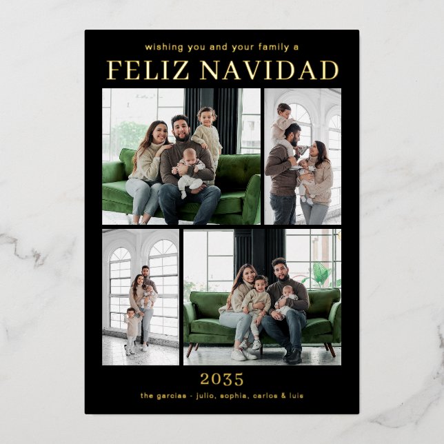 Feliz Navidad Multi Photo Gold Foil Holiday Card (Front)