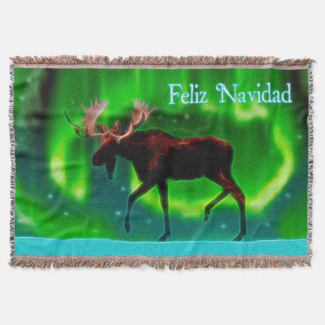 Feliz Navidad - Northern Lights Moose Throw Blanket (Front)