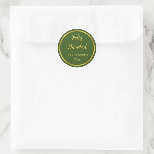Feliz Navidad Oro y Rojo Verde con Su Nombre Classic Round Sticker (Bag)