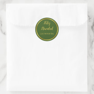 Feliz Navidad Oro y Verde Oscuro con Nombre Classic Round Sticker