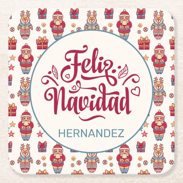 Feliz Navidad Personalized Square Paper Coaster (Front)
