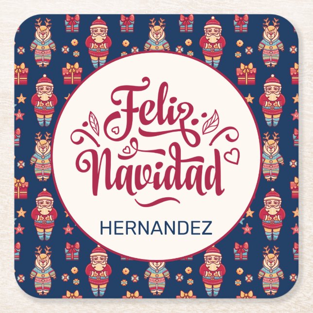 Feliz Navidad Personalized Square Paper Coaster (Front)