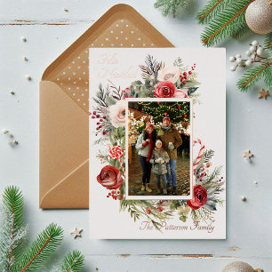 Feliz Navidad Photo Floral Foil Spanish Holiday Card