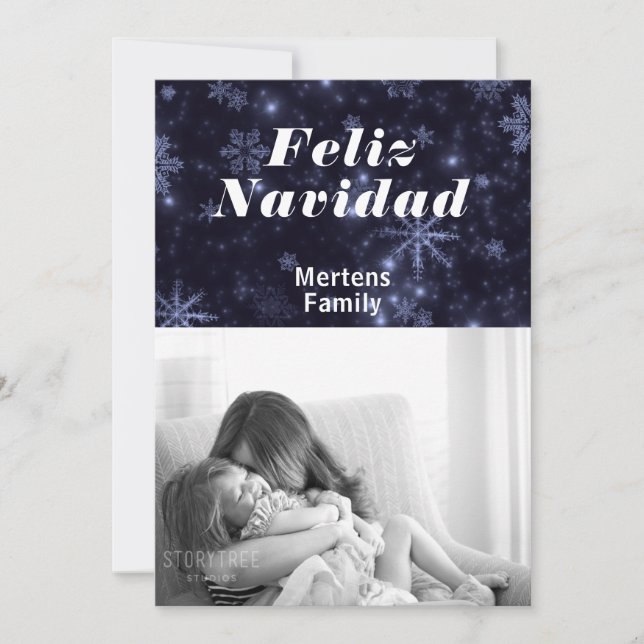 Feliz Navidad Photo & Snowflakes sur carte Blue Fl (Devant)