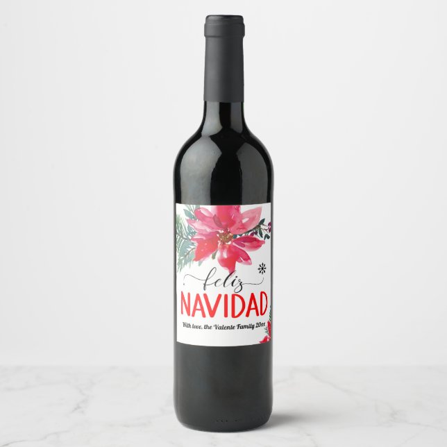 Feliz Navidad Poinsettia Personalized Wine Label (Front)