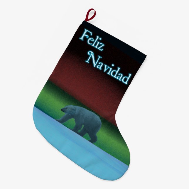 Feliz Navidad - Polar Lights Polar Bear Large Christmas Stocking (Front (Hanging))