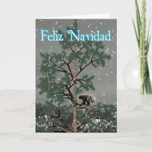 Feliz Navidad - Porcupine In A Pine Tree Holiday Card (Front)