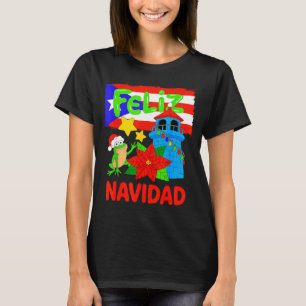 Feliz Navidad Puerto Rico Flag Floral Frog Boricua T-Shirt