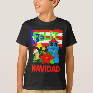 Feliz Navidad Puerto Rico Flag Floral Frog Boricua T-Shirt