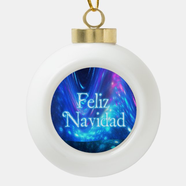 Feliz Navidad - Qaanaaq - Northern Lights Ceramic Ball Christmas Ornament (Front)