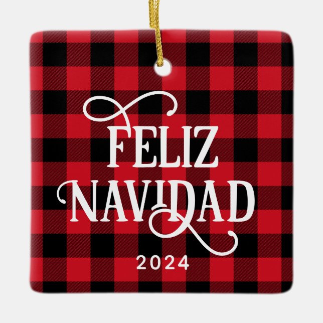 Feliz Navidad Red Buffalo Plaid Family Photo Ceramic Ornament (Front)