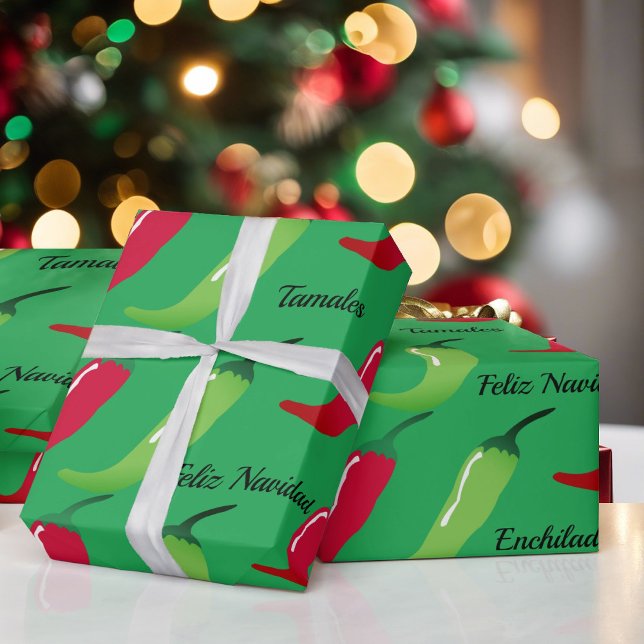 Feliz Navidad Red Chili & Green Christmas Gift Wrapping Paper (Creator Uploaded)
