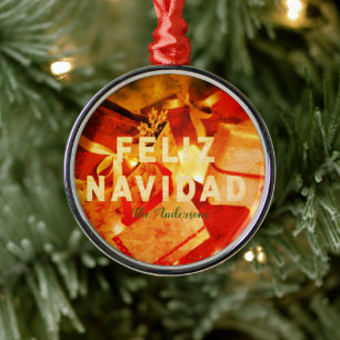 Feliz Navidad Red Gold Green Modern Elegant Metal Ornament