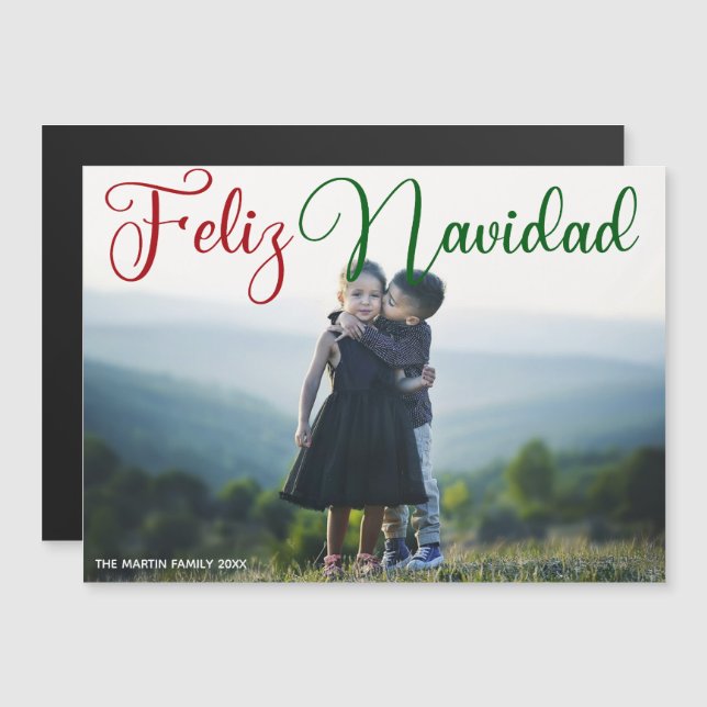 Feliz Navidad Red Green Script Magnet photo pour e (Devant / Derrière)
