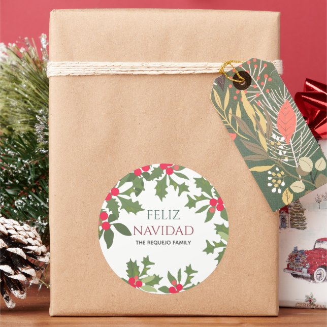 Feliz Navidad Red Holly Berries Christmas   Classic Round Sticker (Holiday)