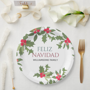 Feliz Navidad Red Holly Berries Christmas Dinner  Paper Plate