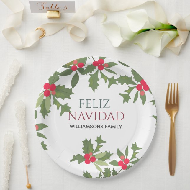 Feliz Navidad Red Holly Berries Christmas Dinner  Paper Plate (Wedding)