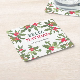 Feliz Navidad Red Holly Berries Christmas     Square Paper Coaster