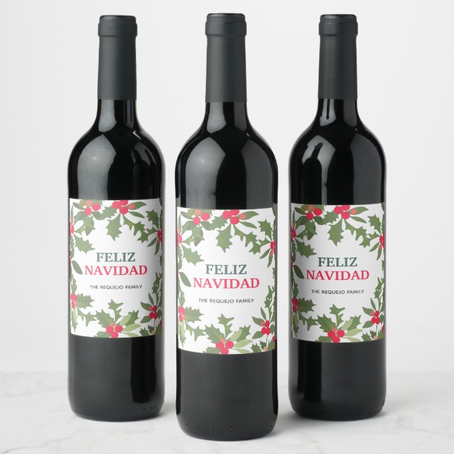 Feliz Navidad Red Holly Berries Christmas      Wine Label (Bottles)