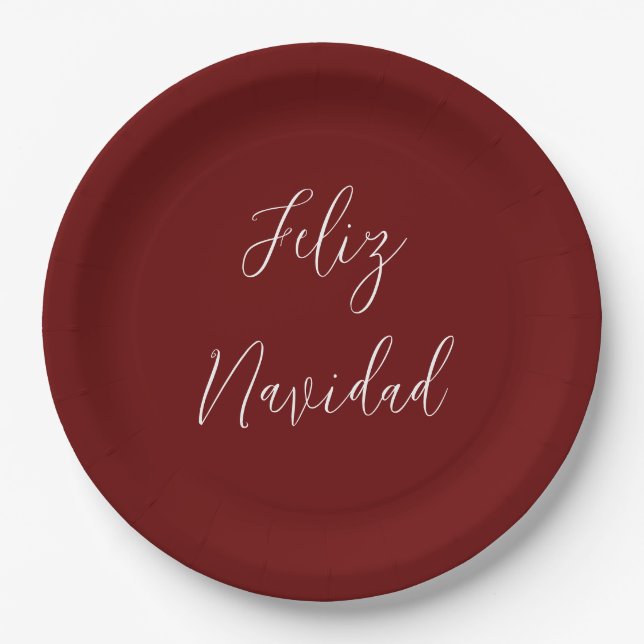 Feliz Navidad Red Merry Christmas Script Paper Plate (Front)
