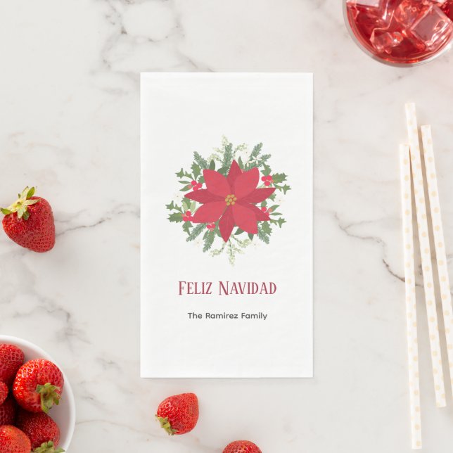 Feliz Navidad Red Poinsettia Floral Holiday Napkin (Insitu)