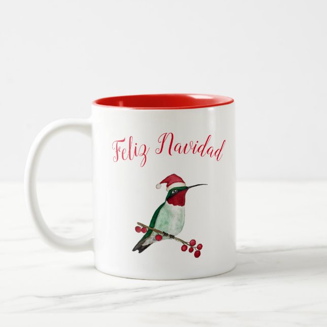 Feliz Navidad Santa Hummingbird Two-Tone Coffee Mug (Left)