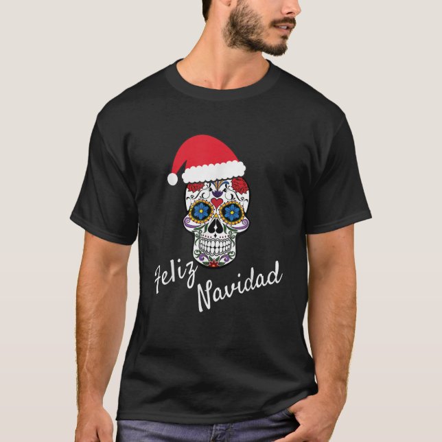 Feliz Navidad Skull Christmas Santa Hat  T-Shirt (Front)