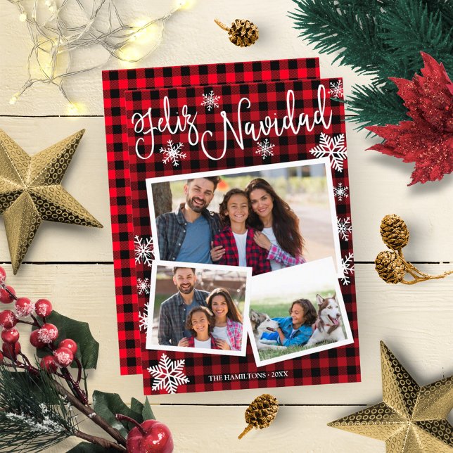 Feliz Navidad Snowflake Rustic 3 Photos Christmas Invitation (Creator Uploaded)