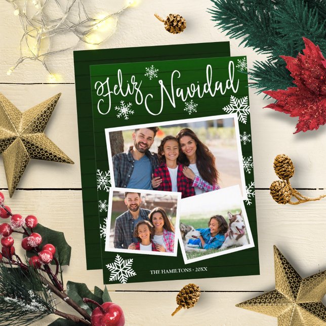Feliz Navidad Snowflake Rustic 3 Photos Christmas Invitation (Creator Uploaded)