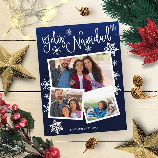 Feliz Navidad Snowflake Rustic 3 Photos Christmas Postcard (Creator Uploaded)