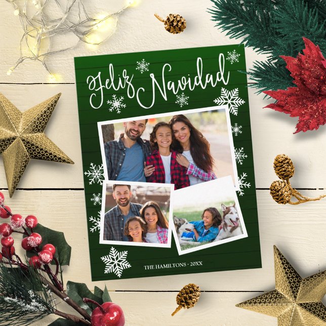 Feliz Navidad Snowflake Rustic 3 Photos Christmas Postcard (Creator Uploaded)