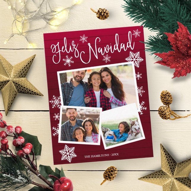 Feliz Navidad Snowflake Rustic 3 Photos Christmas Postcard (Creator Uploaded)
